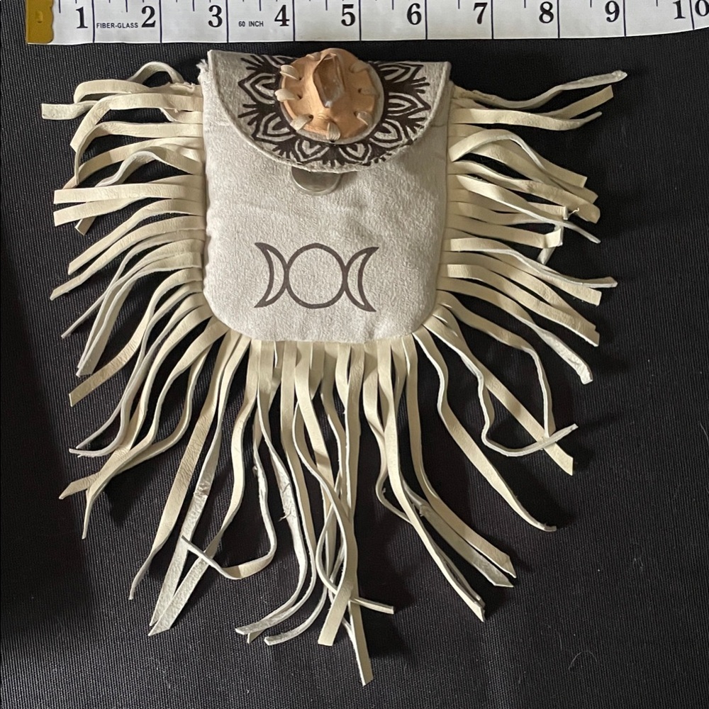 Leather Medicine Bag Necklace Cream, Tripple Moon; Smoky Quartz Crystal, Fringed